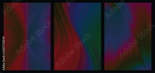 Set of three abstract backgrounds with colorful halftone dot patterns, vibrant gradient waves and flowing shapes for modern digital design
