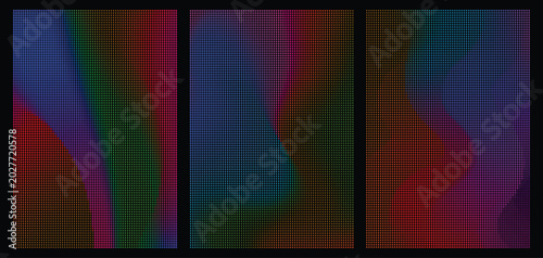 Abstract halftone dot pattern background with vibrant gradient waves in dark theme