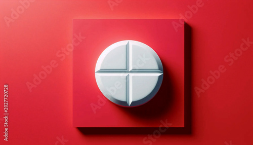 A highly graphic advertisement for aspirin, showing a giant, pristine white pill against a solid red background, with simple, bold typography, Ai generated image
