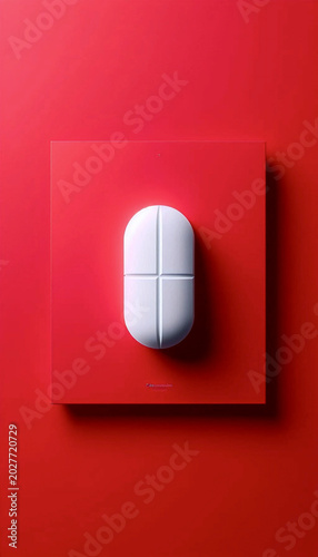 A highly graphic advertisement for aspirin, showing a giant, pristine white pill against a solid red background, with simple, bold typography, Ai generated image