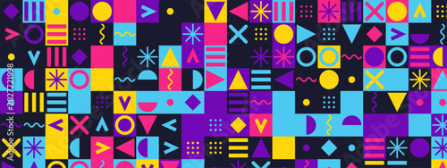 Seamless pattern with geometric shapes, abstract background with colorful circles, triangles, squares, lines, and dots in a modern memphis style