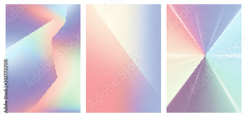 Set of three abstract backgrounds with colorful halftone dot patterns, geometric shapes and gradient waves for modern design and digital art
