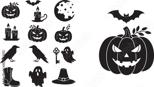 Halloween icons and symbols in black and white