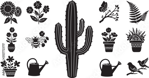 Cactus and flowers black and white illustrations set