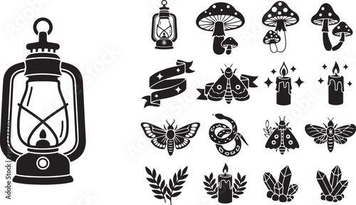 Vintage lantern and mystical symbols illustration set black