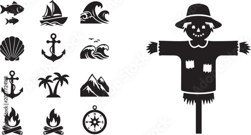 Scarecrow Icon with Various Travel and Nature Symbols