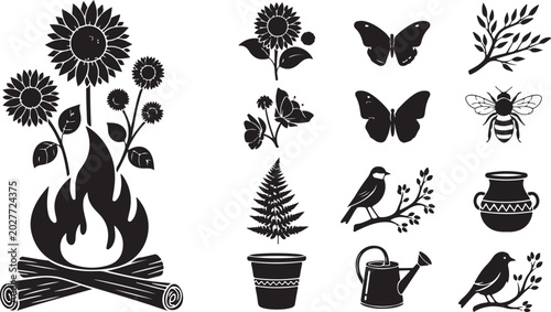 Black and white garden icons and silhouettes collection