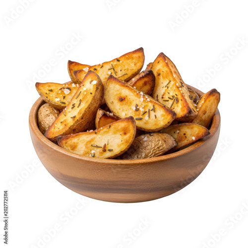 Golden potato chips in a wooden bowl isolated on transparent background