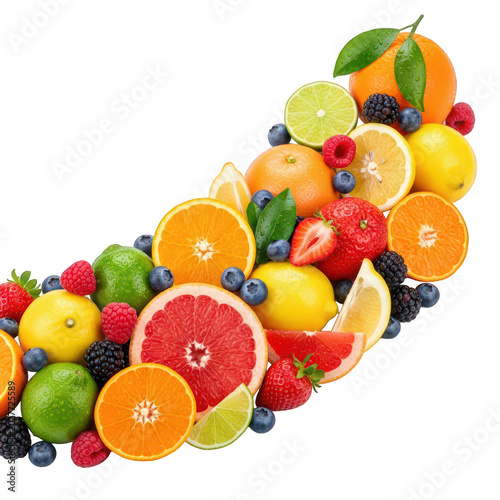 Colorful assortment of fresh fruits in a curved arrangement isolated on transparent background