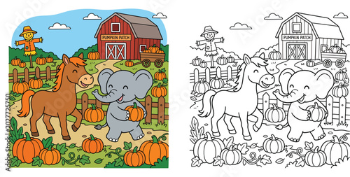 Fotografie Cute Cartoon Horse and Elephant in a Pumpkin Patch with a Barn and Scarecrow - A