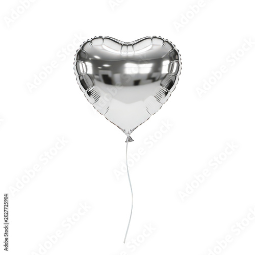 Silver heart-shaped foil balloon floating isolated on transparent background