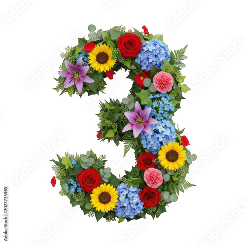 Floral number three with colorful flowers isolated on transparent background
