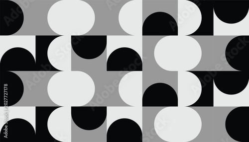 Modern Bauhaus geometric seamless pattern with black, white, and gray semicircles. Abstract minimalist vector background for brutalist graphic design, poster, and branding packaging.