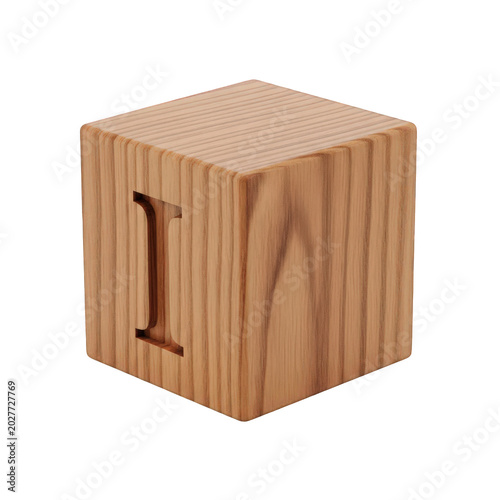 Wooden block with letter i icon isolated on transparent background