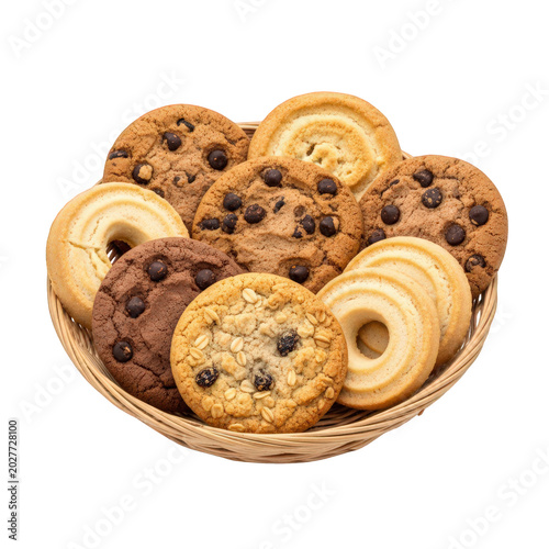 Assorted baked pastries on a woven tray isolated on transparent background