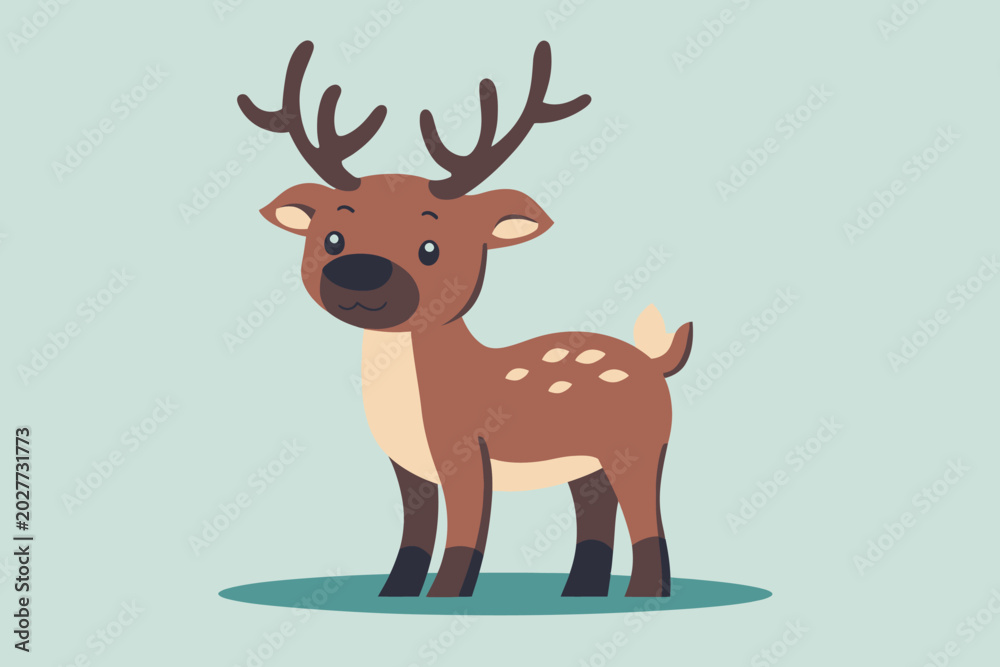 Fototapeta premium Cartoon reindeer standing on a patch of ground with a light blue background