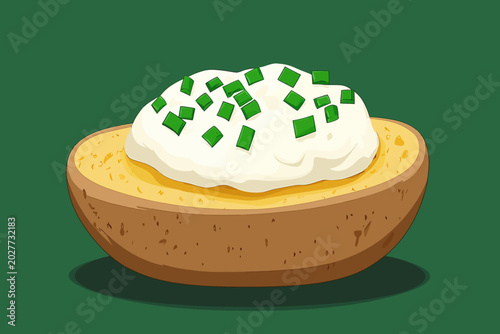 Baked potato topped with sour cream and chopped green onions