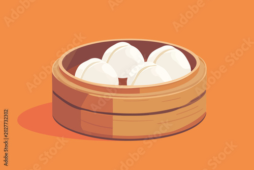 Traditional bamboo steamer with round white dim sum baskets and fluffy dumplings