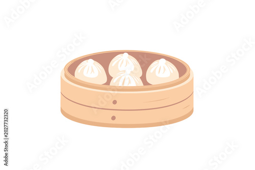 Illustration of a round, bamboo steamer with three dumplings inside