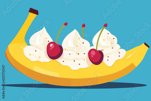 Banana boat with whipped cream and cherries, colorful illustration