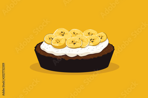 Banana cream tart with chocolate crust and whipped topping on yellow