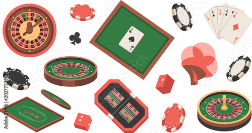 Photography Flat Vector Illustration Set of Casino Gambling Elements Including Roulette Whee