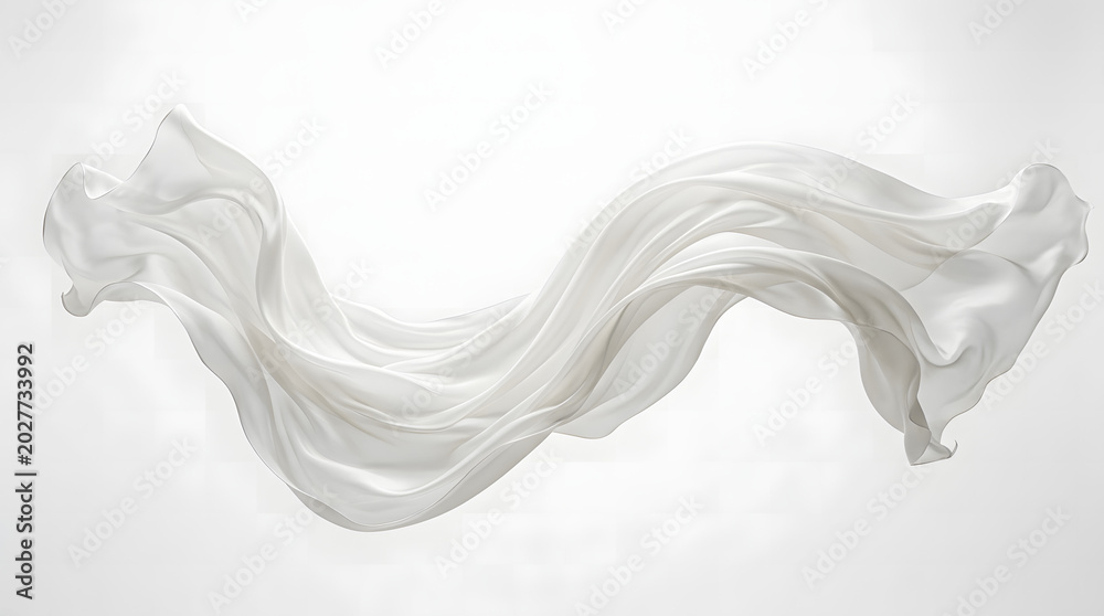 Fototapeta premium Flowing white silk fabric captured mid-air in an elegant zero-gravity wave against a clean background.