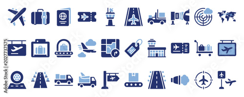 Set of airport and air travel icons for logistics, transportation, and flight information services