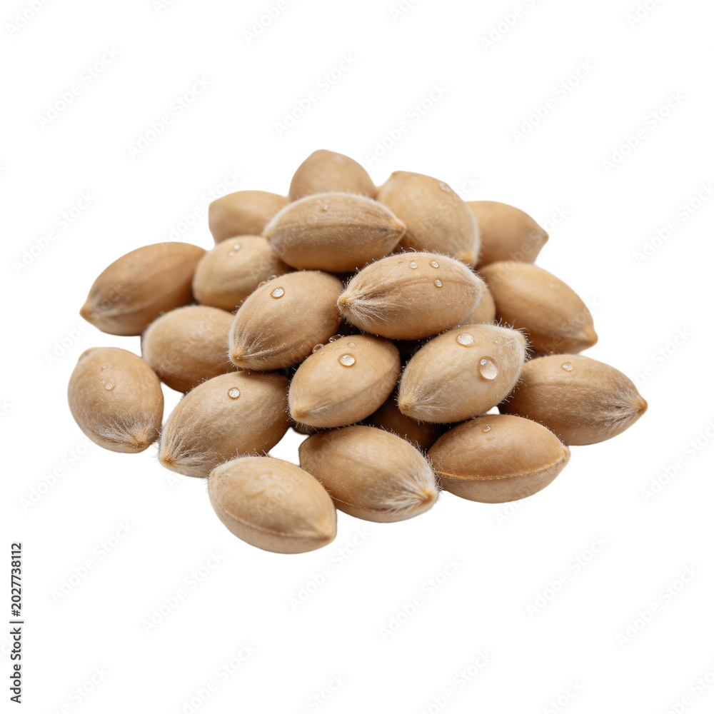 Obraz premium Pile of natural unshelled nuts with textured light brown shells and water droplets, isolated on bright white, ideal for healthy eating