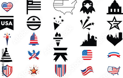 American Patriotic Symbol Icons – USA Flag, Eagle, Capitol Building and Independence Day Solid Vector Set
