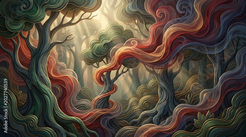 Enchanting Forest Scene with Whimsical, Swirling Colors and Sunbeams Filtering Through Trees