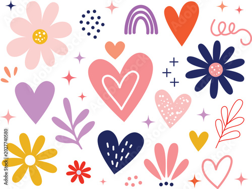 Cute Pastel Hearts and Floral Doodle Elements Set in Retro Kawaii Style Vector Design