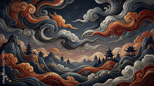 Whimsical Asian landscape with pagodas and swirling clouds in a dramatic, stylized art style