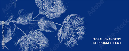 Floral cyanotype stipplism effect with white dots on blue background