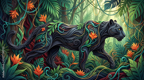 Mystical Black Panther Roaming Through a Lush, Vibrant Jungle with Exotic Flowers and Foliage
