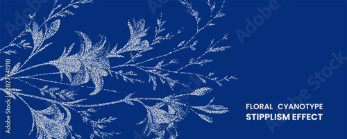 Floral cyanotype stipplism effect with white botanical silhouette on deep blue background