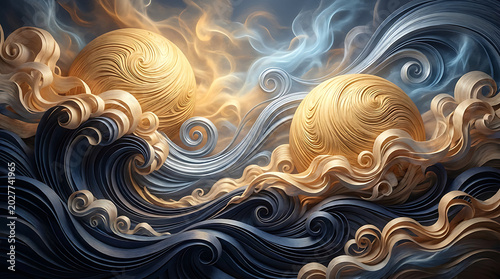 Ethereal vision of swirling sapphire waves and shimmering golden clouds embracing two large spherical forms, representing harmony and powerful natural flow