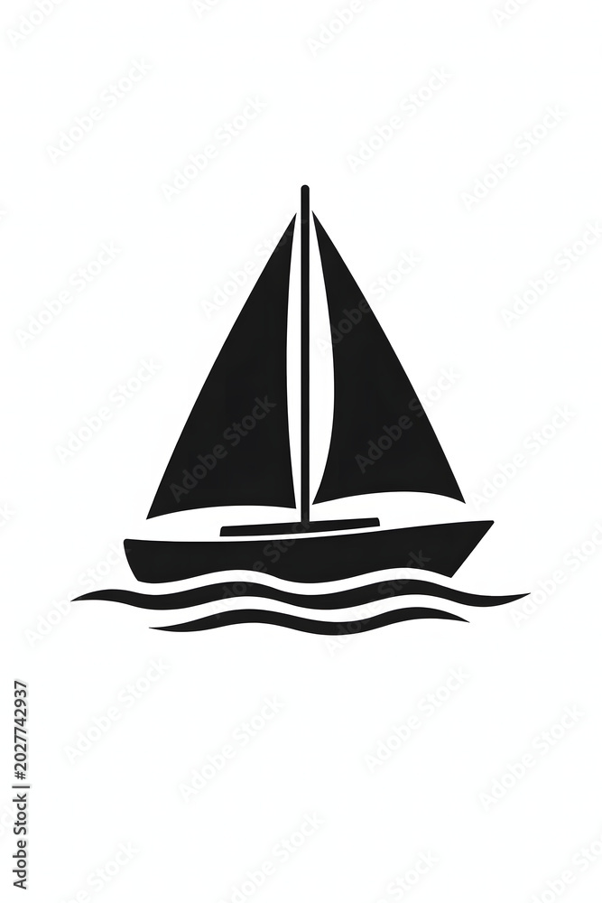 Fototapeta premium Black sailboat on waves silhouette icon isolated on white background, nautical symbol
