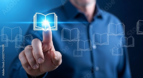 Digital library concept with glowing book icons, businessman touching virtual education interface, online learning and e-book technology background
