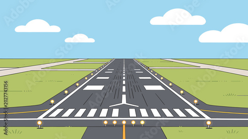 Canvas Print An illustration of an airport runway with clear markings and lights, stretching towards the horizon under a blue sky with scattered clouds