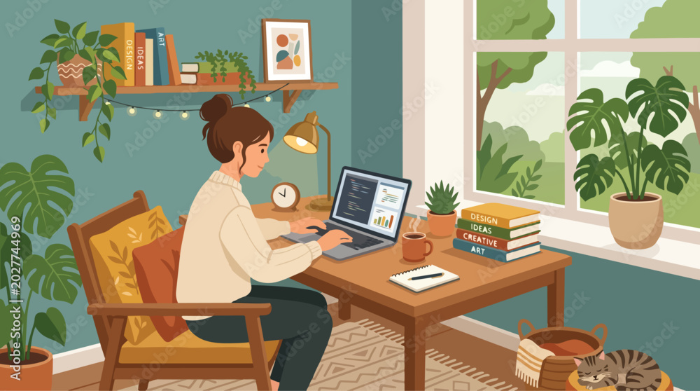 Fototapeta premium Working Woman Creating at Her Home Office Desk Surrounded by Inspiring Books and Lush Green Plants