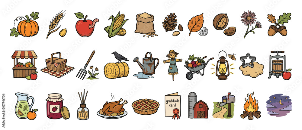 Obraz premium Set of autumn harvest farm fall season symbols icons for seasonal decorations and celebration