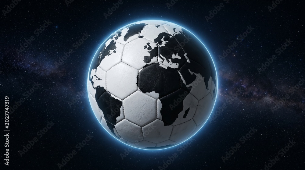 Naklejka premium Soccer ball shaped like planet earth in deep space with glowing blue outline