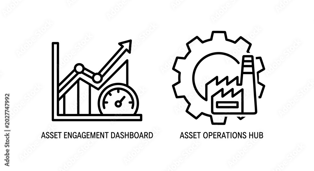 Fototapeta premium Asset engagement dashboard and operations hub icons with engagement, dashboard