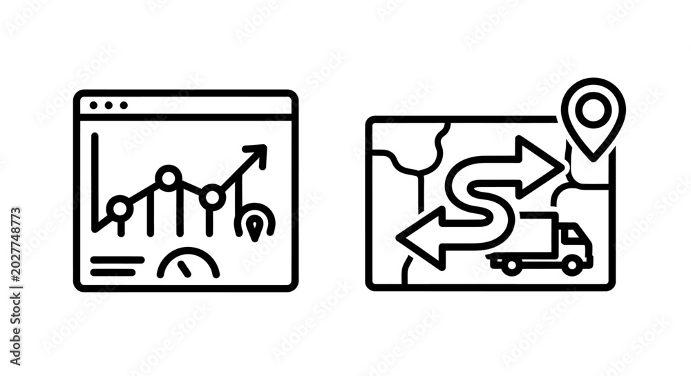 Fototapeta premium Data analytics dashboard and logistics route icons with analytics, dashboard