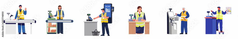 Fototapeta premium Flat illustration set of diverse supermarket staff and cashiers in uniform performing various roles like checkout, assistance, and service in a retail store.