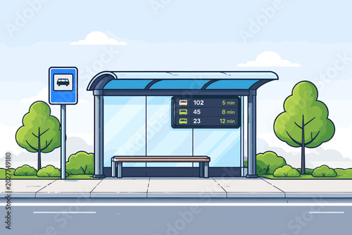 Foto A modern bus stop shelter with a digital display showing bus routes and arrival times, situated on a city street with trees and a bus stop sign