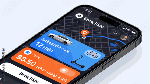 Foto A smartphone displays a ride-sharing app interface, showing estimated arrival time, fare, driver rating, and options for car, scooter, or bicycle