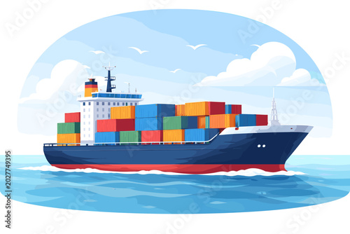 Photos A large cargo ship carrying many colorful containers sails across the blue ocean under a cloudy sky