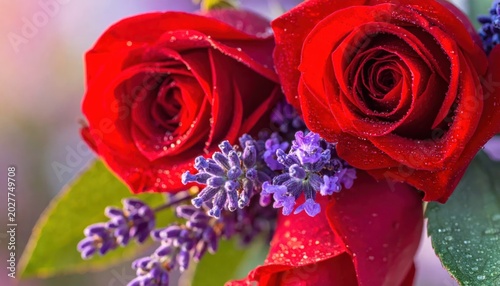 Close-up of Two Red Roses with Lavender Sprigs.